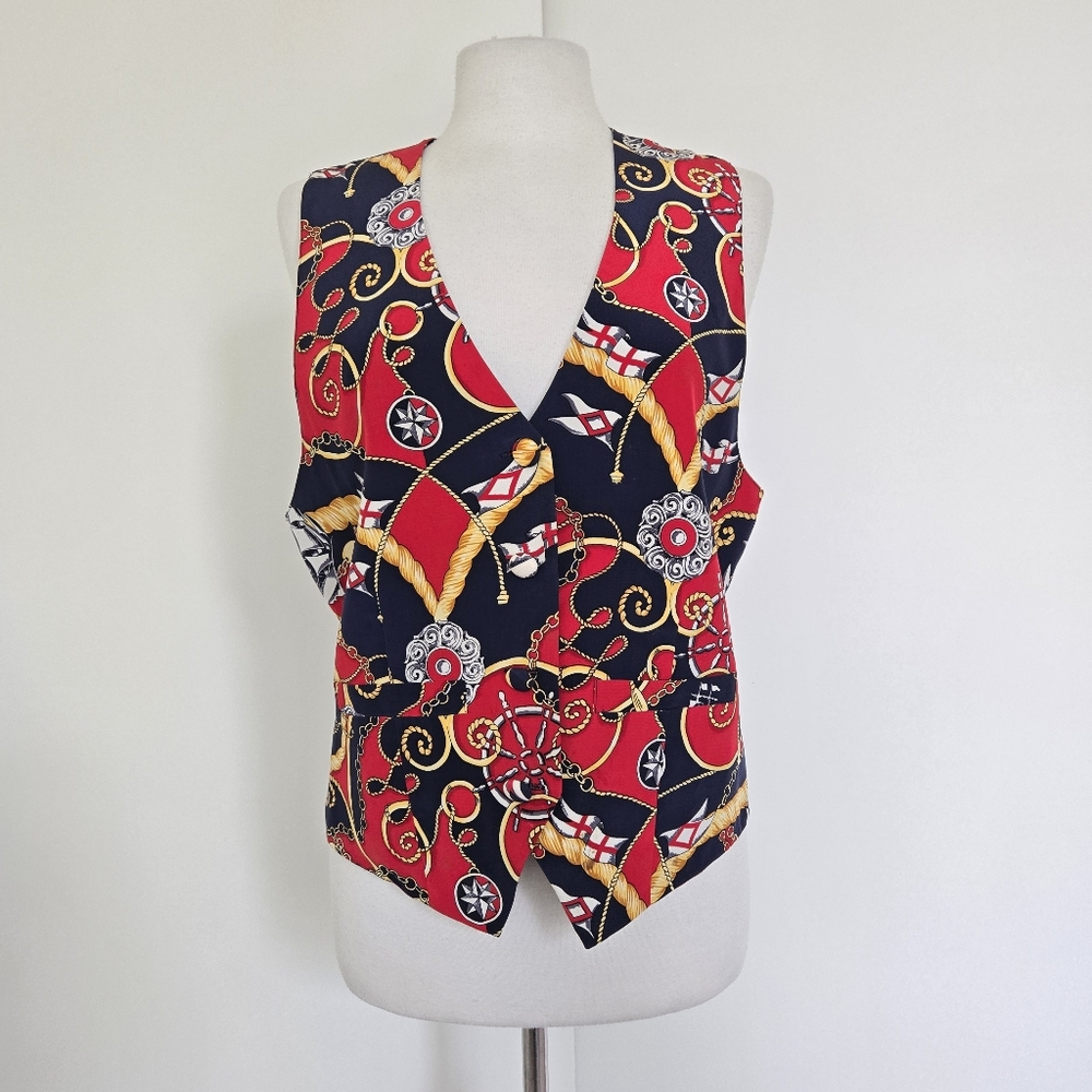 VTG Saks Fifth Avenue Exclusive‎ 100%  Silk Gilet Vest Novelty Print Size Large